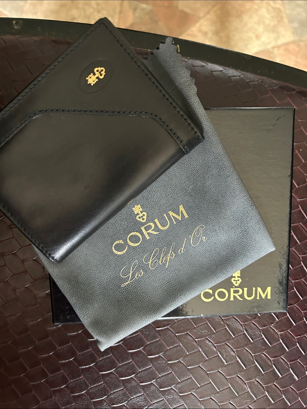 Corum Black Leather Cardholder wallet with Gold Logo